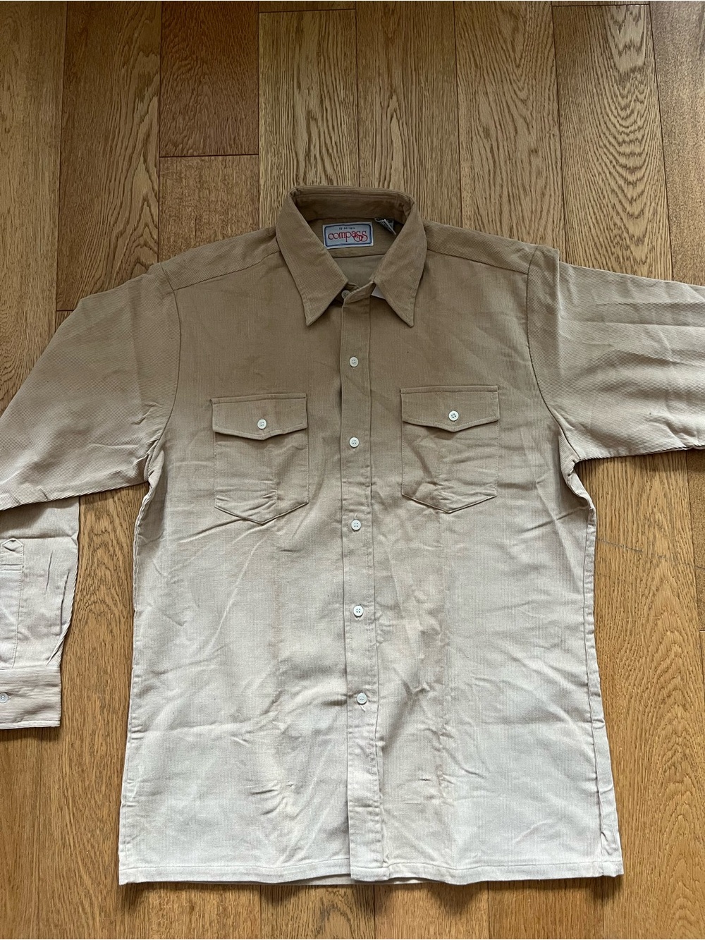 Vintage Compass Corduroy Shirt Mens Medium Tan Khaki Long Sleeve Button Up 90s